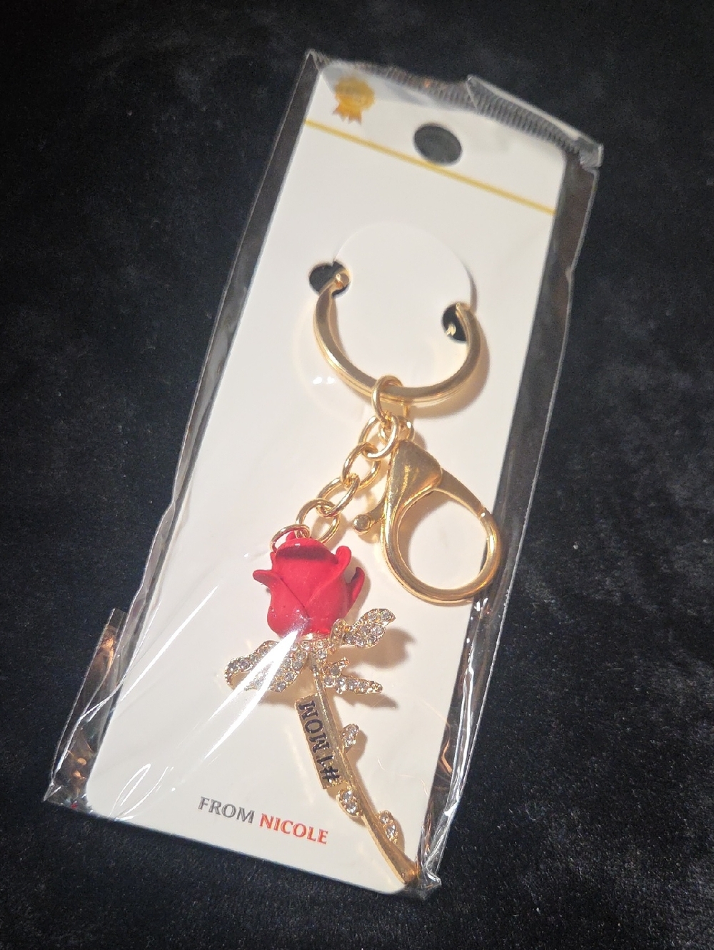 Nicole Gold-Tone Keyring with Red Enamel Rose Charm